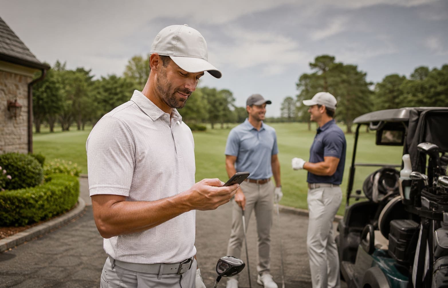 Golfer checking course status on a phone
