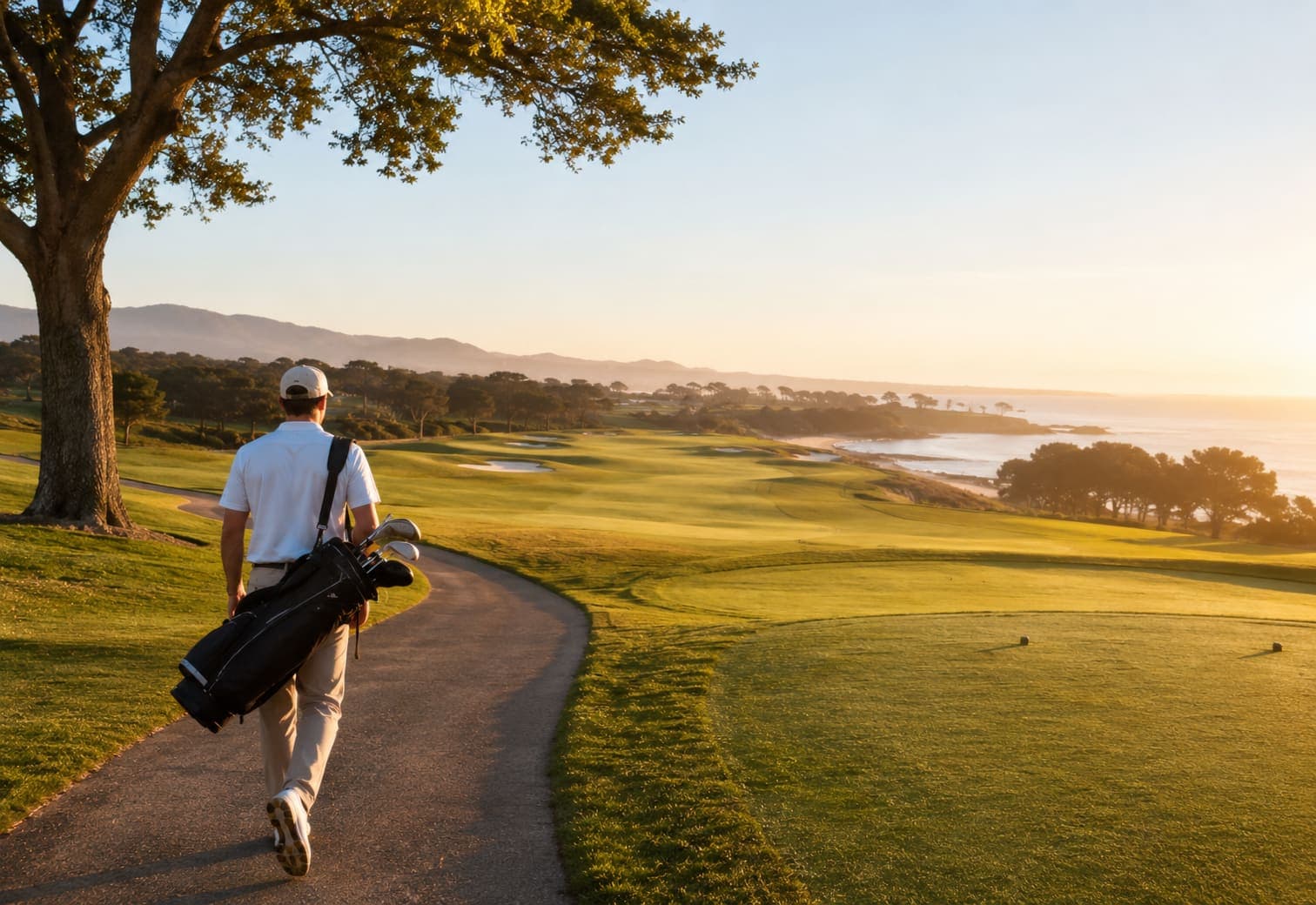 Golfer walking a course at sunrise