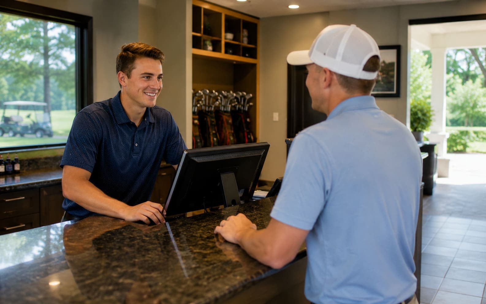 Course staff updating status at the pro shop counter